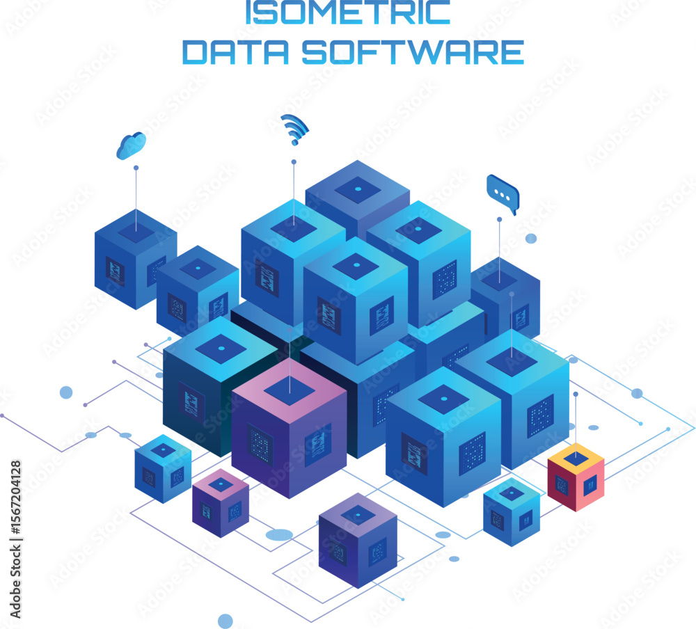 Fototapeta premium Isometric Data Server. Energy station of future. Analytics data servers, server room banner. Network mainframe infrastructure. Hardware of global data center. Big data processing and analysing.