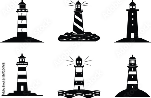 Lighthouse silhouette set - 6 coastal beacon vector outlines, EPS JPEG PNG