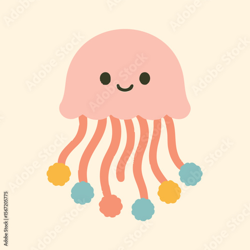 A cheerful pink jellyfish with a smiling face and colorful tentacles