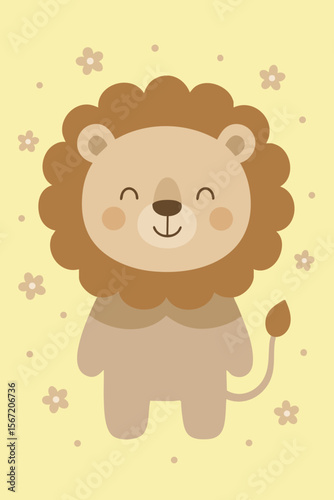 A cute lion stands on a bright yellow background with flowers