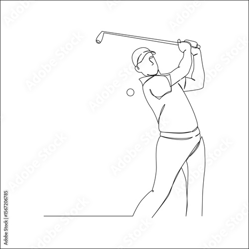 Continuous line drawing of a male golfer finishing his swing after hitting a golf ball, wearing a cap and shirt, in minimalist line art style on white background.