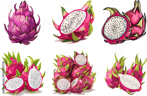 dragon fruit isolated on white background, set of fresh fruit 