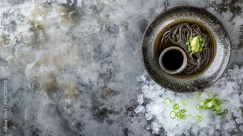Cold soba noodles are served with wasabi and green onions on a bed of ice
