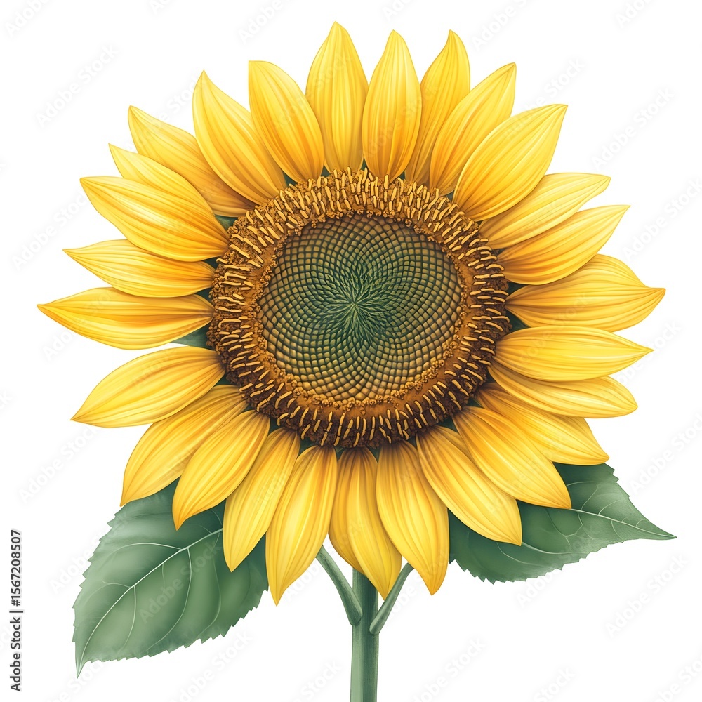 Fototapeta premium Vibrant Yellow Sunflower with Green Leaves Isolated on White Background Botanical Illustration