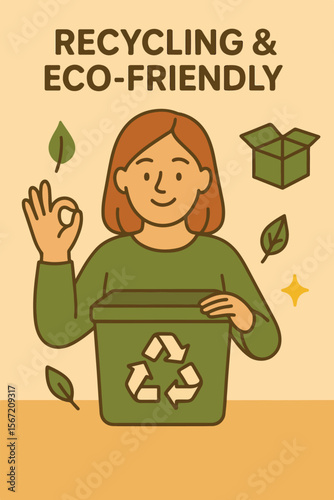 Illustration of an eco-conscious woman holding a green recycling bin with the universal recycle symbol. Surrounded by leaves, eco-friendly packaging, and zero-waste signs, this flat design 