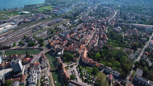 Panoramic aerial of the old town of the city Yverdon-les-Bains in Switzerland on a sunny noon in summer