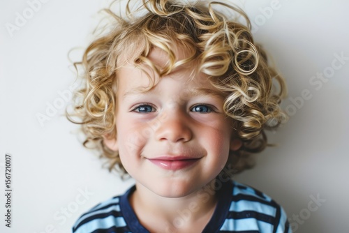 Portrait of a cute little boy with blond curly hair and blue eyes