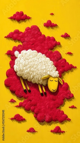 Sheep sleeping on red cloud illustration