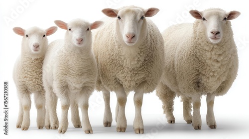 Fluffy white sheep family portrait isolated on plain white background