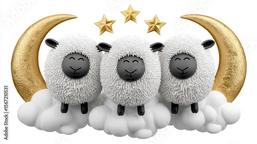 Three sheep on a cloud under the golden moon