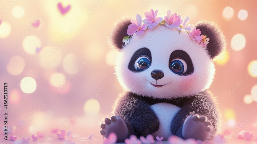Fototapeta premium Baby Panda with Flower Crown in a Dreamy Setting