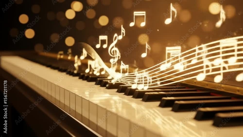 Elegant piano keyboard with flowing glowing music notes and bokeh light background
