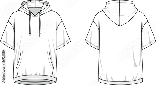 Short-sleeve hoodie fashion CAD, front and back view, casual apparel vector illustration, unisex clothing template, trendy garment design