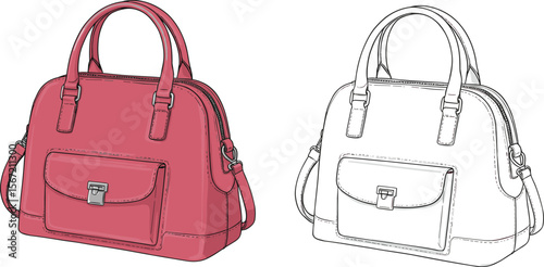 Handbag technical fashion drawing, vector illustration of stylish ladies purse, leather handbag design, front pocket, top handle, colored, outline