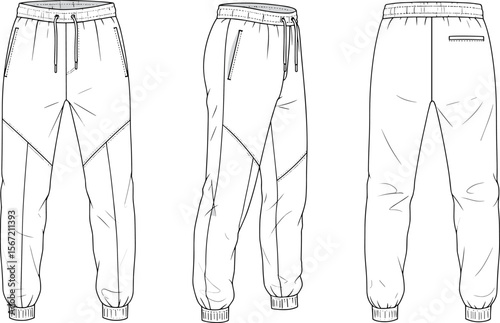 Technical flat sketch of jogger pants, vector fashion illustration, front side, side view, back view, editable line drawing