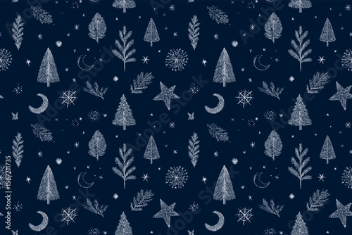 Seamless Flat Vector Holiday Pattern with Minimalist Stars Moons Pine Trees and Snowflakes in Deep Midnight Blue for Serene Modern Textiles
