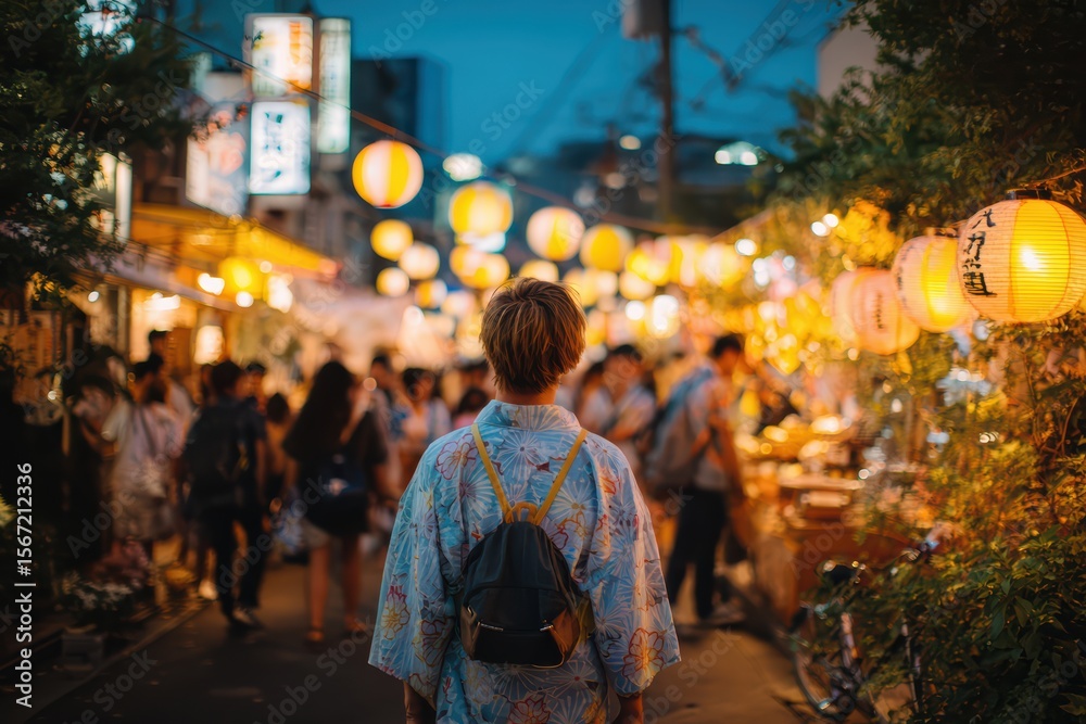 Fototapeta premium yukata walking through lantern-lit street