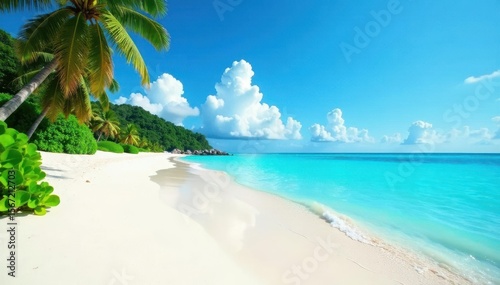 Fototapeta Naklejka Na Ścianę i Meble -  Azure sky, pristine white sand beach, turquoise water , vacation, serene