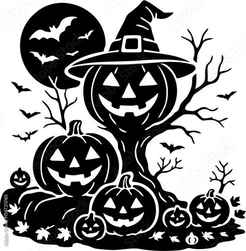 happy halloween silhouette vector illustration many pumpkins on the tree, isolated on white
