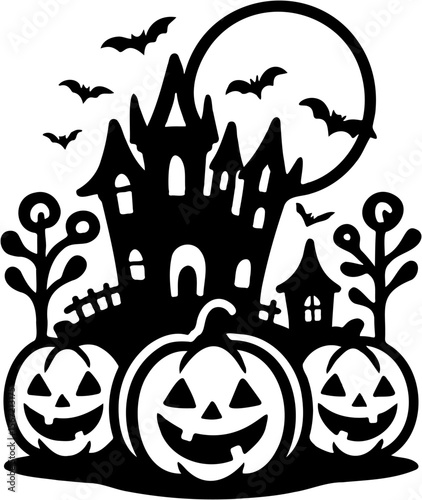 happy halloween haunted house silhouette vector illustration with three pumpkins , isolated on white