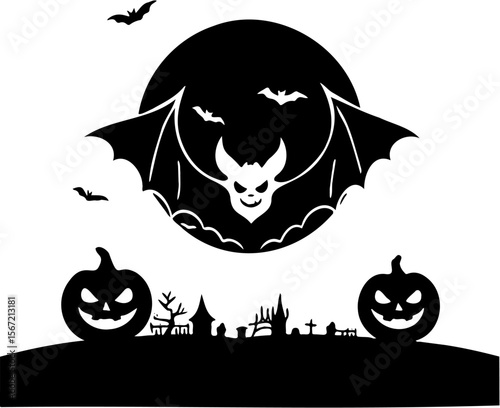 happy halloween silhouette vector illustration of bat and pumpkin, isolated on white