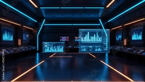 Futuristic data analysis room with glowing neon charts and graphs, seamless looping 4k time-lapse animation video background