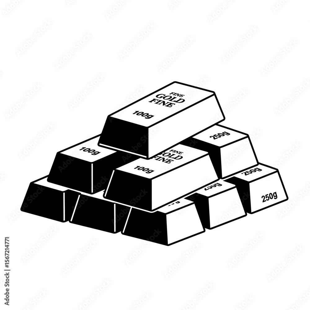 Obraz premium A monochrome illustration of gold bars stacked in a pyramid formation.