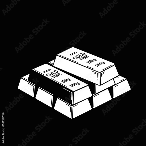 Stack of three gold bars, meticulously detailed in a black and white line art style.