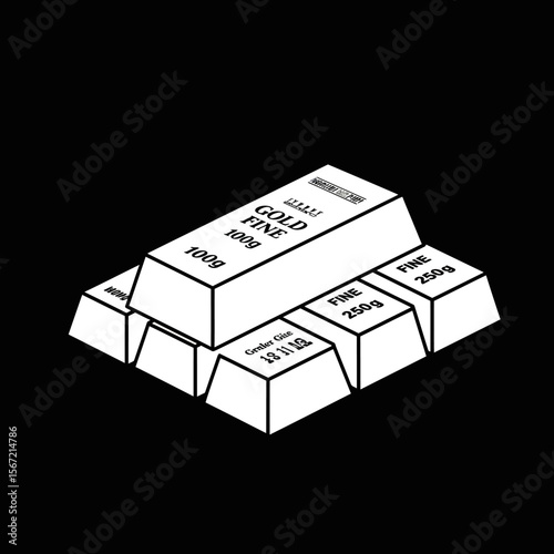 Isometric illustration of stacked gold bars, varying in size, with inscriptions against a solid black background.