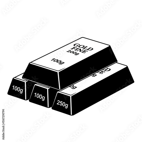 Stack of gold bars with different weights, featuring black and white illustration.