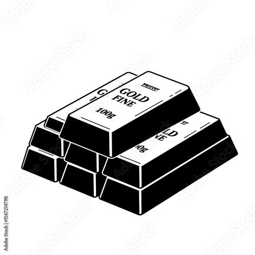 Stack of gold bars, monochrome illustration, financial wealth, precious metal.