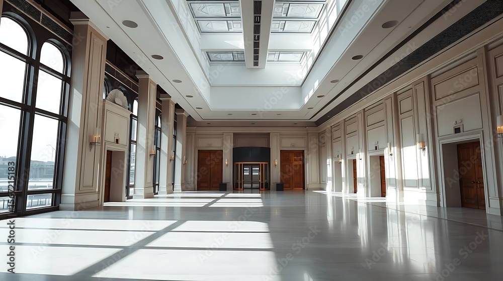 Naklejka premium Grand interior space with architectural details and natural light streaming