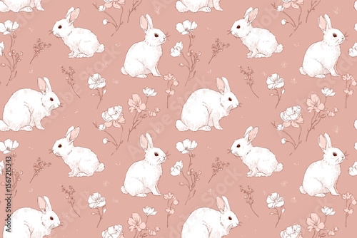 Seamless Hand Drawn Minimalist Cottontail Bunnies and Delicate Flowers in Soft Blush and Pastel Pink for Modern Fabric and Textile Printing