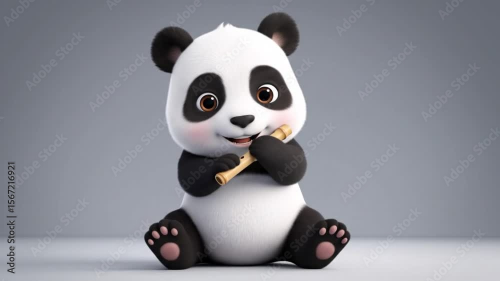 Adorable Panda Cub Munching Bamboo Shoot, isolated on grey background, with cute and playful cartoon style, generative AI