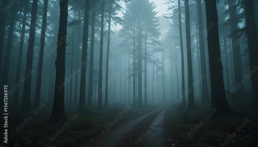 Fototapeta premium Foggy forest path, tall dark trees fading into mist, moody cinematic atmosphere, perfect for dramatic or introspective designs”