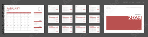 2026 Calendar Planner Set of Template Monthly Page with Note and cover with Place for Photo, Company Logo. Vector grid layout of wall or desk organizer with week start Sunday for print. Pages size A4