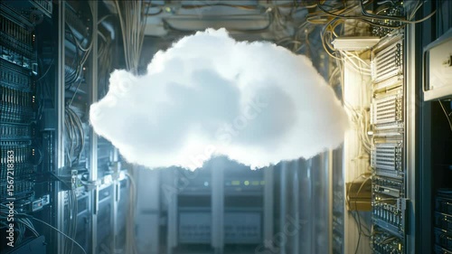 A cloud is floating above a row of servers. The servers are connected to each other by wires