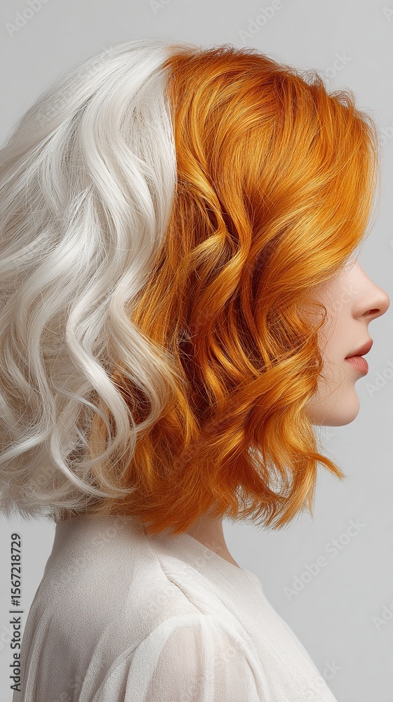 Naklejka premium Stylish Half-White, Half-Red Hair Design, Perfect for Creative Poster Art and Business Backgrounds