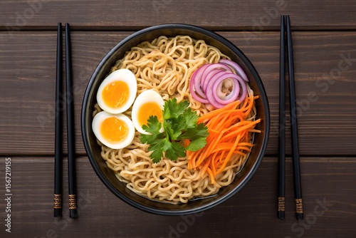 Delicious Asian Noodle Soup with Soft Boiled Eggs Carrots and Red Onion