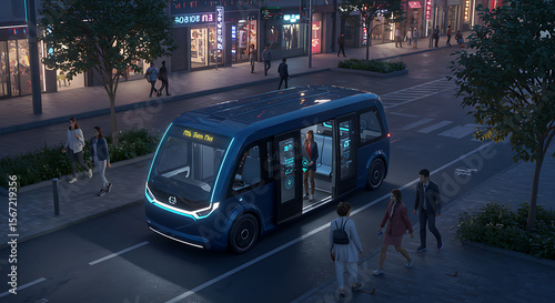 Autonomous Electric Shuttle Bus on City Street at Night: Futuristic Transportation in Urban Environment
