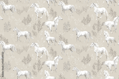 Seamless Hand Drawn Stylized Wild Bush Horses with Minimal Foliage in Elegant Silver Tones for Modern Textiles