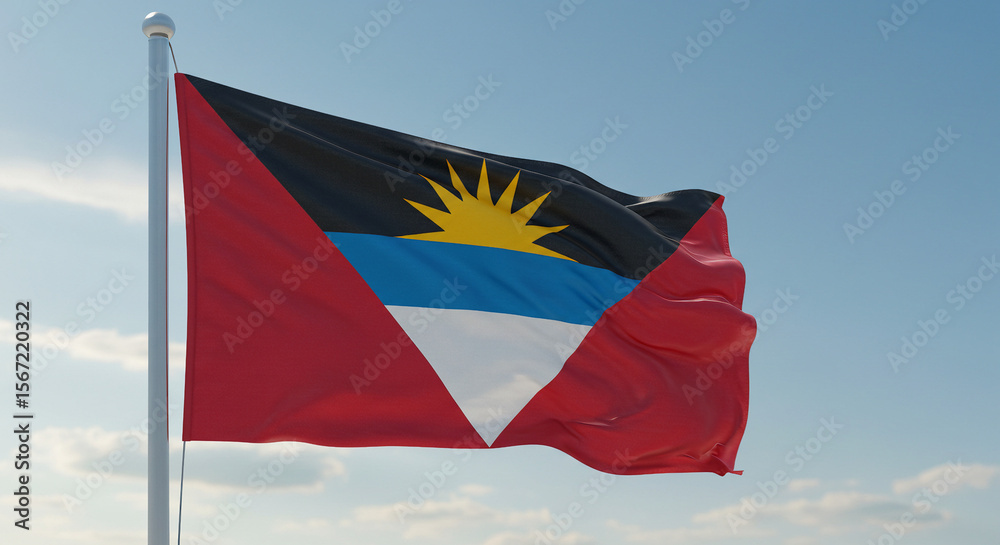 Naklejka premium The flag of Antigua and Barbuda fluttering calmly in the morning breeze, isolated against a soft blue sky.