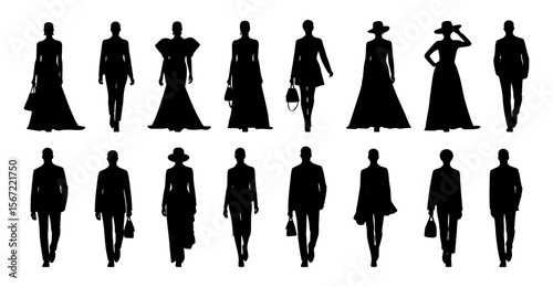 A stylish set of 16 elegant black silhouettes of male and female fashion models in diverse poses and outfits—ideal for fashion design, illustration, branding, and creative projects.