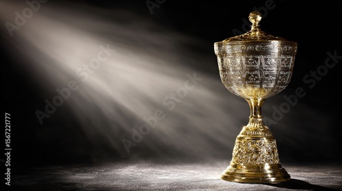 Glistening championship cup on velvet stand, symbolizing victory and prestige
