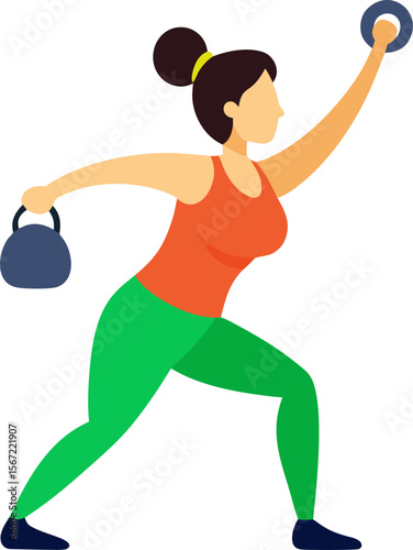 Woman executing kettlebell swing, vector with white background.