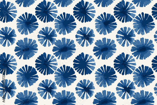 Seamless Shibori Inspired Wing Spot Pattern in Indigo Blue with Geometric Organic Shapes for Modern Textile Printing2