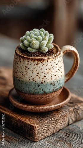 Whimsical White Speckled Ceramic Mug Featuring a Tiny Succulent Perched on a Wooden Stand, Perfect for Modern Coffee Lovers and Plant Enthusiasts