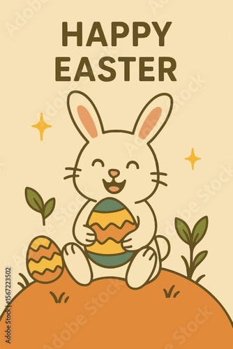 Adorable cartoon-style vector illustration of a smiling white Easter bunny holding a decorated egg, sitting on a grassy hill with leaves and stars. Captioned “Happy Easter” in bold text. This cheerful