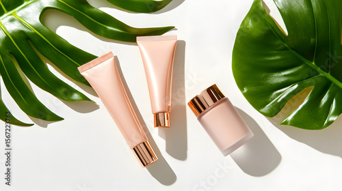 Minimalist beauty product flat lay with three elegant cosmetic containers and green tropical leaves, sunlight casting soft shadows, modern skincare concept, fresh and luxurious mood