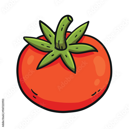 Fresh Cartoon Red Tomato with Green Stem and Leaves, Ideal for Healthy Food Graphics